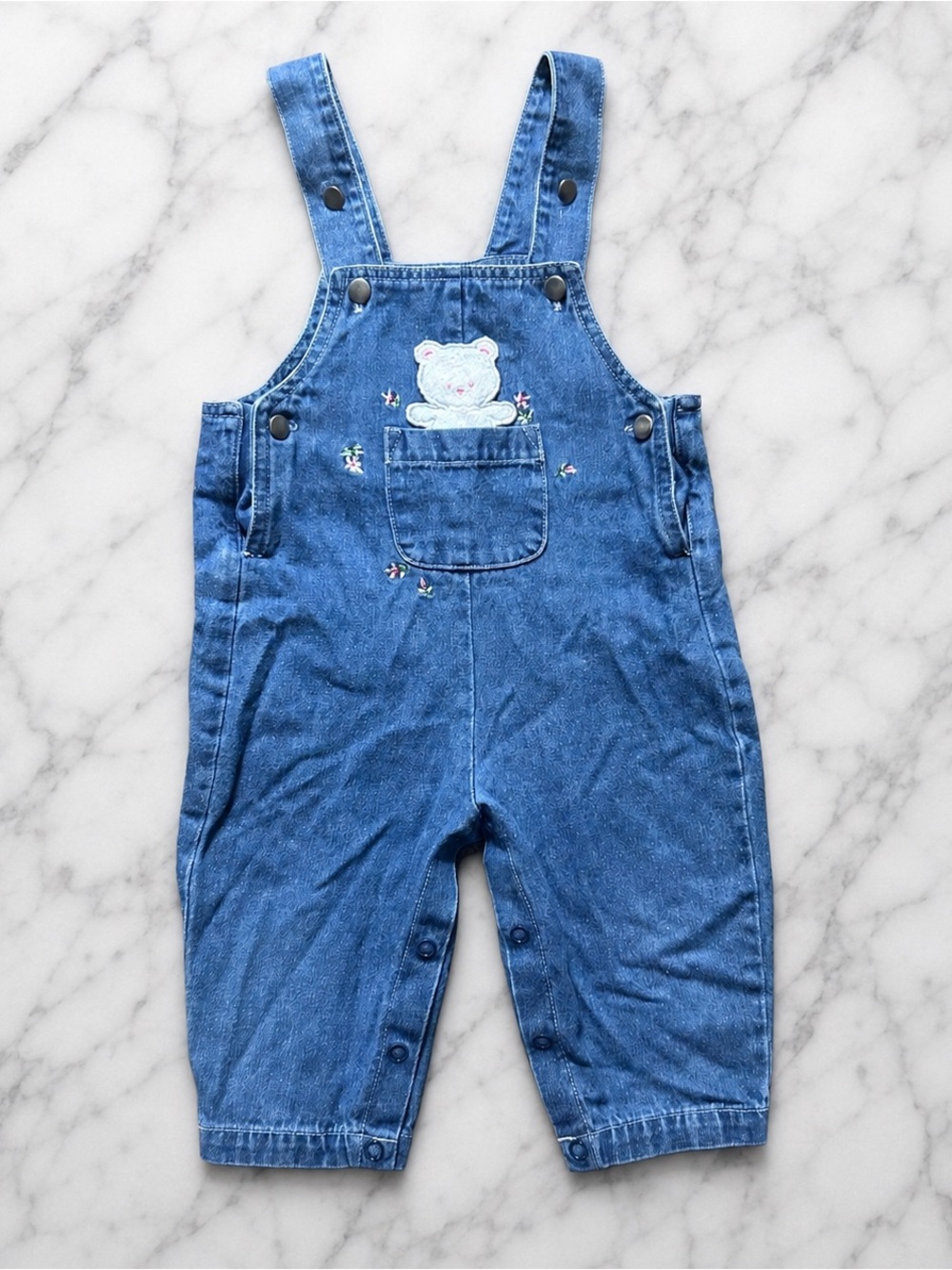 Vintage baby Blue Denim Baby Overalls with Bear Embroidery